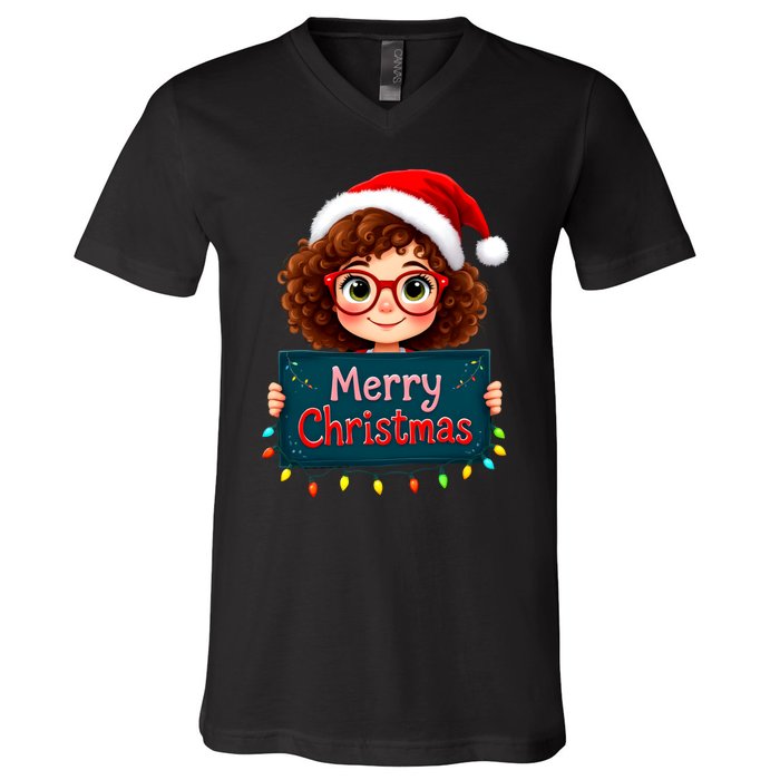 Merry Christmas Lights Red Santa Hat Xmas Cute Girl V-Neck T-Shirt