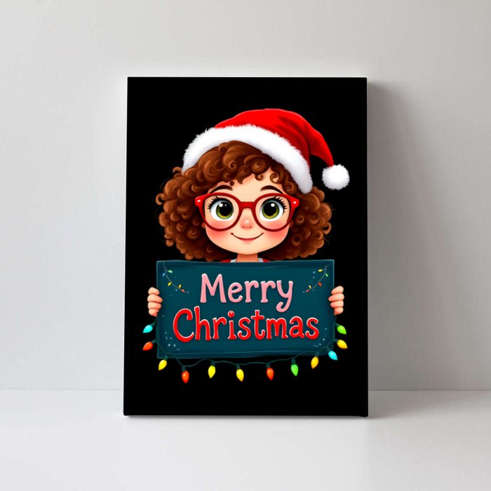 Merry Christmas Lights Red Santa Hat Xmas Cute Girl Canvas