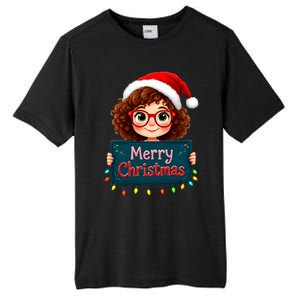 Merry Christmas Lights Red Santa Hat Xmas Cute Girl Tall Fusion ChromaSoft Performance T-Shirt