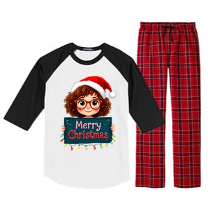 Merry Christmas Lights Red Santa Hat Xmas Cute Girl Raglan Sleeve Pajama Set