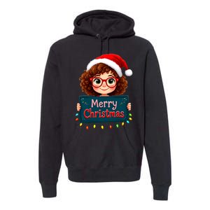 Merry Christmas Lights Red Santa Hat Xmas Cute Girl Premium Hoodie