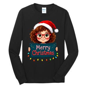 Merry Christmas Lights Red Santa Hat Xmas Cute Girl Tall Long Sleeve T-Shirt