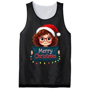 Merry Christmas Lights Red Santa Hat Xmas Cute Girl Mesh Reversible Basketball Jersey Tank