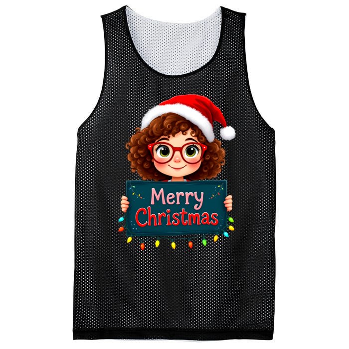 Merry Christmas Lights Red Santa Hat Xmas Cute Girl Mesh Reversible Basketball Jersey Tank