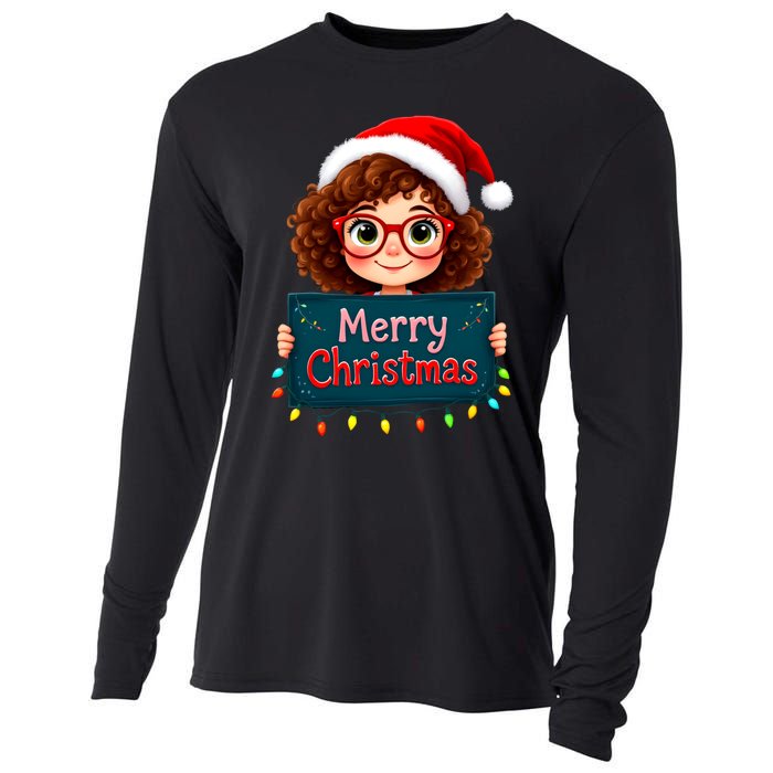 Merry Christmas Lights Red Santa Hat Xmas Cute Girl Cooling Performance Long Sleeve Crew