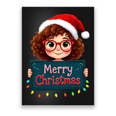 Merry Christmas Lights Red Santa Hat Xmas Cute Girl Poster