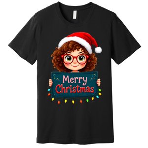 Merry Christmas Lights Red Santa Hat Xmas Cute Girl Premium T-Shirt