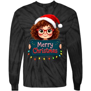 Merry Christmas Lights Red Santa Hat Xmas Cute Girl Tie-Dye Long Sleeve Shirt