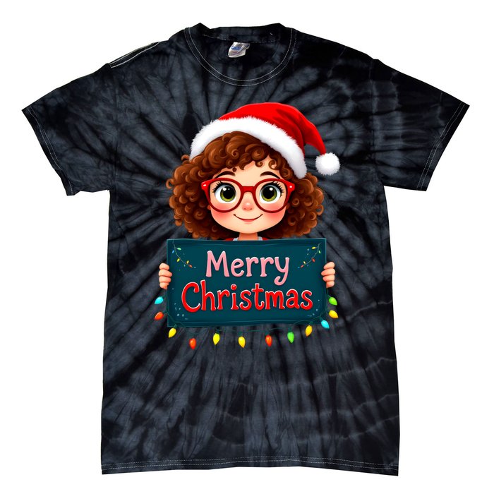 Merry Christmas Lights Red Santa Hat Xmas Cute Girl Tie-Dye T-Shirt