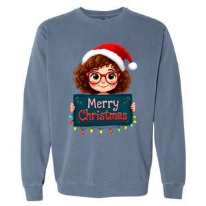 Merry Christmas Lights Red Santa Hat Xmas Cute Girl Garment-Dyed Sweatshirt