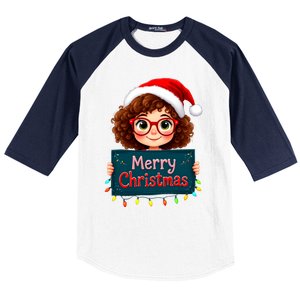 Merry Christmas Lights Red Santa Hat Xmas Cute Girl Baseball Sleeve Shirt