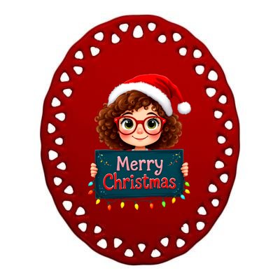 Merry Christmas Lights Red Santa Hat Xmas Cute Girl Ceramic Oval Ornament