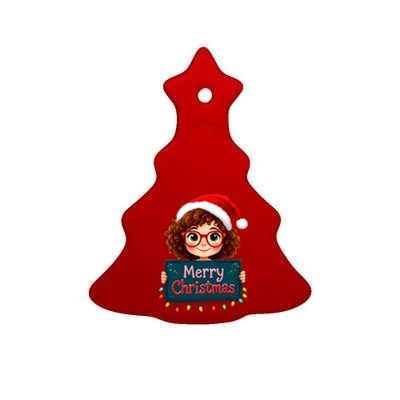 Merry Christmas Lights Red Santa Hat Xmas Cute Girl Ceramic Tree Ornament