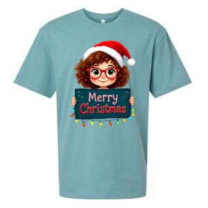 Merry Christmas Lights Red Santa Hat Xmas Cute Girl Sueded Cloud Jersey T-Shirt