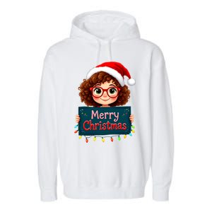 Merry Christmas Lights Red Santa Hat Xmas Cute Girl Garment-Dyed Fleece Hoodie