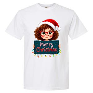 Merry Christmas Lights Red Santa Hat Xmas Cute Girl Garment-Dyed Heavyweight T-Shirt