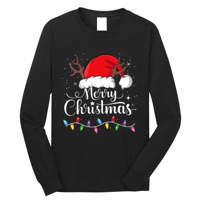 Merry Christmas Lights Red Santa Hat Xmas Family Long Sleeve Shirt