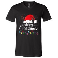 Merry Christmas Lights Red Santa Hat Xmas Family V-Neck T-Shirt