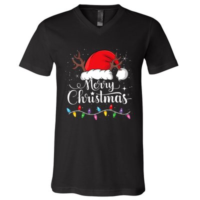 Merry Christmas Lights Red Santa Hat Xmas Family V-Neck T-Shirt