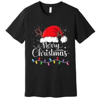 Merry Christmas Lights Red Santa Hat Xmas Family Premium T-Shirt