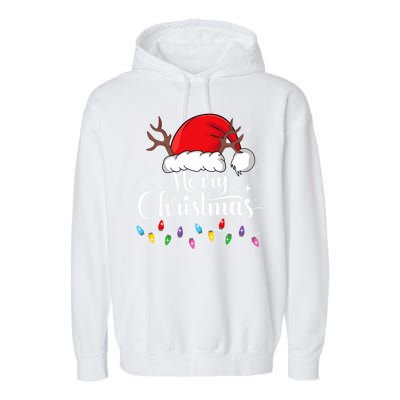 Merry Christmas Lights Red Santa Hat Xmas Family Garment-Dyed Fleece Hoodie