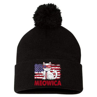 Meowica Cat Lover Usa Flag Independence Day 4th Of July Pom Pom 12in Knit Beanie