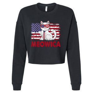 Meowica Cat Lover Usa Flag Independence Day 4th Of July Cropped Pullover Crew