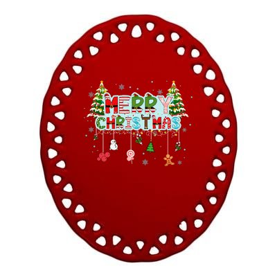 Merry Christmas Lights Red Santa Hat Xmas Family Ceramic Oval Ornament