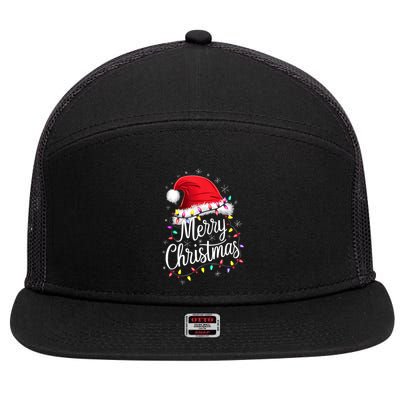 Merry Christmas Lights Red Santa Hat Xmas Family 7 Panel Mesh Trucker Snapback Hat