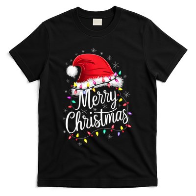 Merry Christmas Lights Red Santa Hat Xmas Family T-Shirt