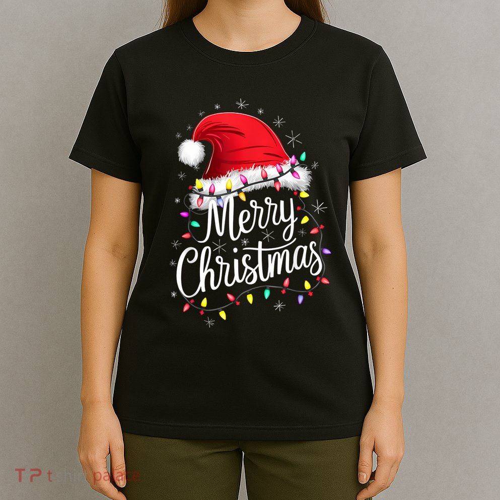 Merry Christmas Lights Red Santa Hat Xmas Family T-Shirt