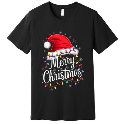 Merry Christmas Lights Red Santa Hat Xmas Family Premium T-Shirt