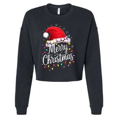 Merry Christmas Lights Red Santa Hat Xmas Family Cropped Pullover Crew