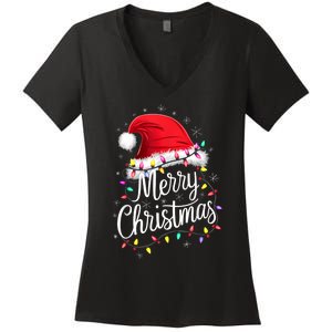 Merry Christmas Lights Red Santa Hat Xmas Family Women's V-Neck T-Shirt