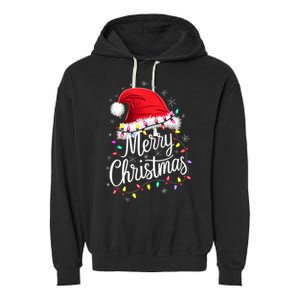 Merry Christmas Lights Red Santa Hat Xmas Family Garment-Dyed Fleece Hoodie