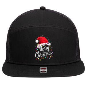 Merry Christmas Lights Red Santa Hat Xmas Family 7 Panel Mesh Trucker Snapback Hat