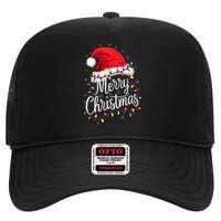 Merry Christmas Lights Red Santa Hat Xmas Family High Crown Mesh Back Trucker Hat