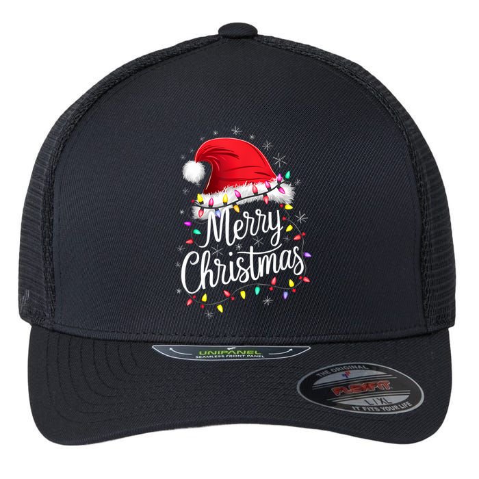 Merry Christmas Lights Red Santa Hat Xmas Family Flexfit Unipanel Trucker Cap