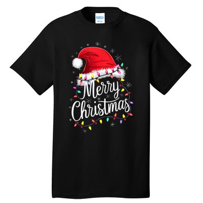 Merry Christmas Lights Red Santa Hat Xmas Family Tall T-Shirt