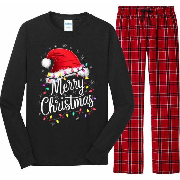 Merry Christmas Lights Red Santa Hat Xmas Family Long Sleeve Pajama Set