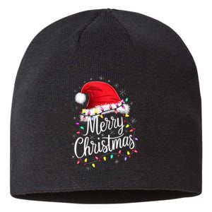 Merry Christmas Lights Red Santa Hat Xmas Family Sustainable Beanie