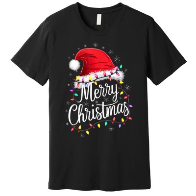 Merry Christmas Lights Red Santa Hat Xmas Family Premium T-Shirt