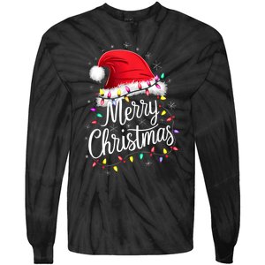 Merry Christmas Lights Red Santa Hat Xmas Family Tie-Dye Long Sleeve Shirt