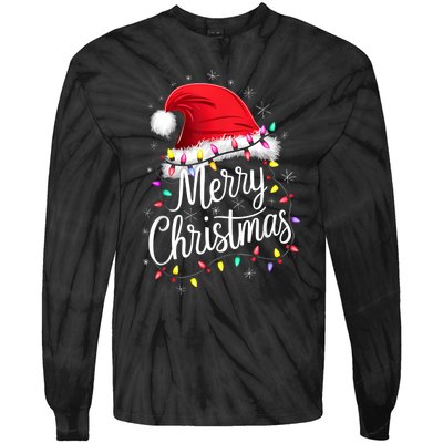 Merry Christmas Lights Red Santa Hat Xmas Family Tie-Dye Long Sleeve Shirt