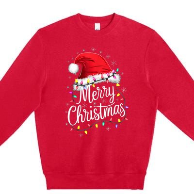 Merry Christmas Lights Red Santa Hat Xmas Family Premium Crewneck Sweatshirt