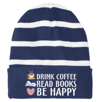 Motivational Coffee Lover Bookworm Slogan Striped Beanie with Solid Band