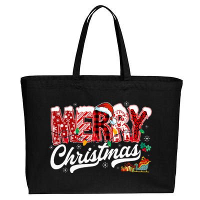 Merry Christmas Lights Red Santa Hat Xmas Family Cotton Canvas Jumbo Tote