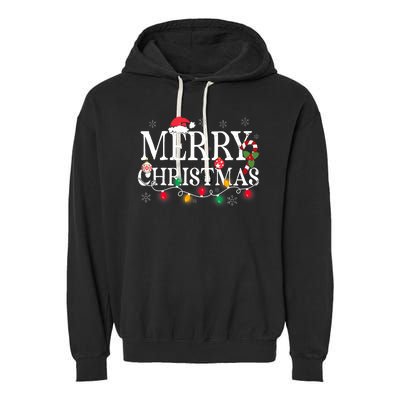 Merry Christmas Lights Santa Hat Xmas Family Garment-Dyed Fleece Hoodie