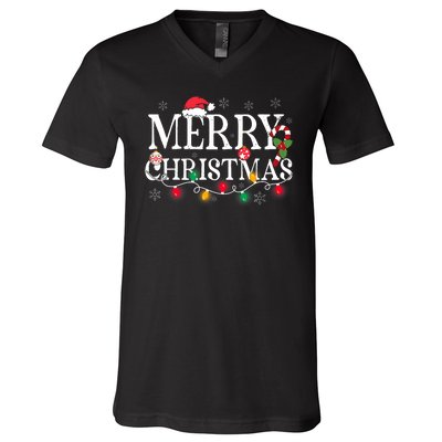 Merry Christmas Lights Santa Hat Xmas Family V-Neck T-Shirt