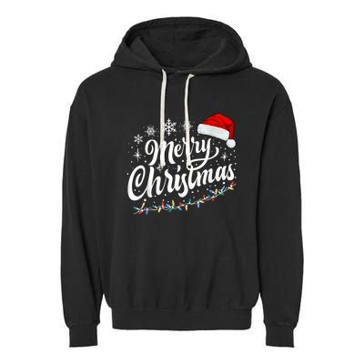 Merry Christmas Lights Red Santa Hat Xmas Family Women Garment-Dyed Fleece Hoodie